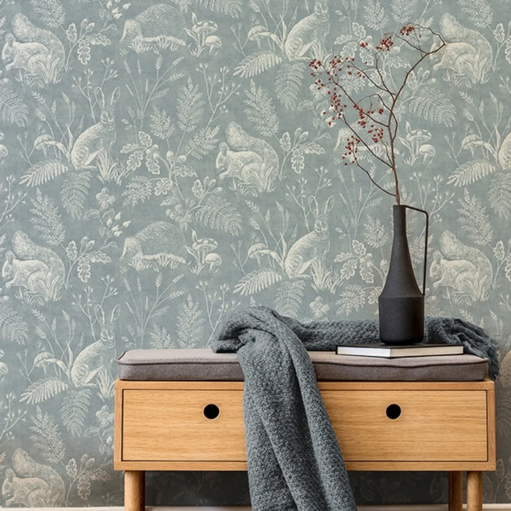 Wallpaper Woodland Blue Toile Animals